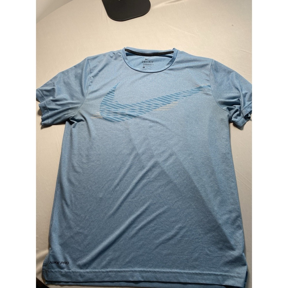 Nike Pro Dri-Fit Shirt Mens Medium M Blue Heathered Graphic Large Swoosh Tee